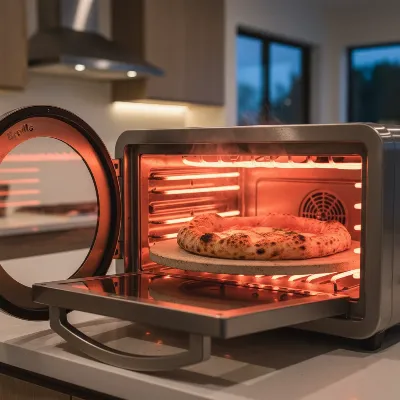 Breville Smart Oven Pizzaiolo with a pizza cooking inside, showcasing the heating elements and stone