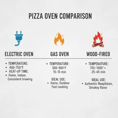 Infographic comparing features of electric, gas, and wood-fired pizza ovens with icons and data points, clear and concise.