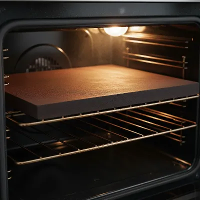 A pizza steel resting on the top rack of a home gas oven during an extended preheating cycle