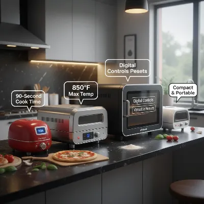 Various indoor electric pizza ovens on a counter, with feature callouts