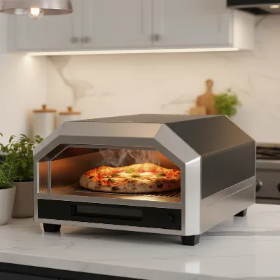 Modern electric pizza oven on kitchen counter, cooking Neapolitan-style pizza with steam rising, soft ambient lighting.