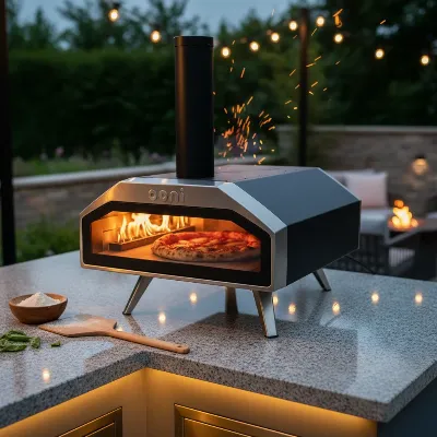 Ooni Karu 16 pizza oven in action, cooking a Neapolitan-style pizza with flames visible through the glass door, on a backyard patio at dusk.