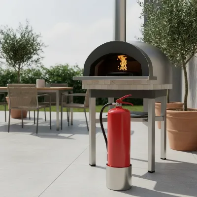 A bright red fire extinguisher placed prominently near a lit outdoor pizza oven on a safe, clear patio.