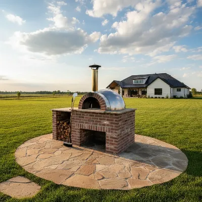 A beautifully designed outdoor pizza oven placed safely on a stone patio, with ample clearance from a nearby house and garden foliage.