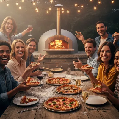 An inviting evening gathering around a modern built-in wood-fired pizza oven on a stylish patio, with friends enjoying pizza and drinks. Soft ambient string lights create a warm atmosphere.