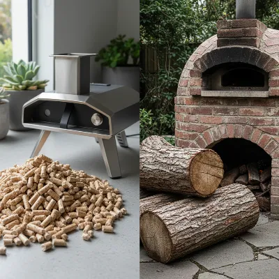 Close-up comparison of wood pellets and hardwood logs, highlighting their differences as fuel for pizza ovens, with a modern vs. rustic feel