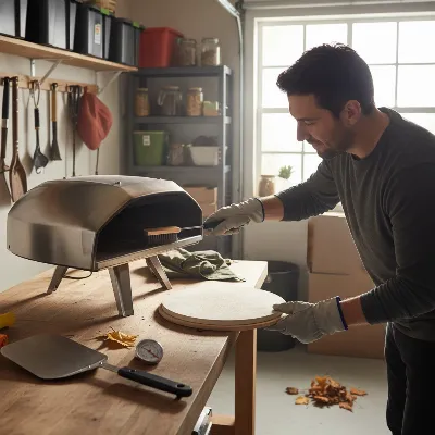 Person cleaning and drying a portable pizza oven before winter storage