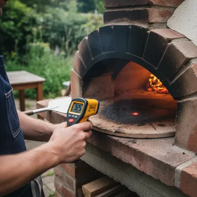 Checking pizza oven temperature with an infrared thermometer on the stone