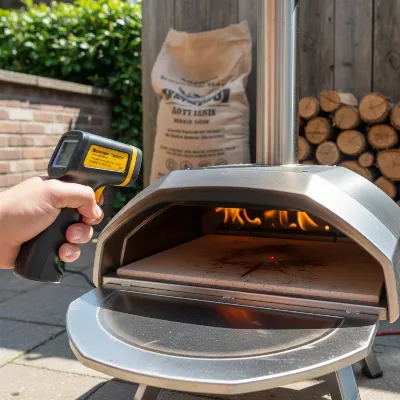 A person using an infrared thermometer on a pizza stone, next to a clean pellet pizza oven, with wood pellets in a bag and logs neatly stacked nearby