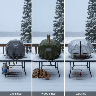 Various types of portable pizza ovens (gas, wood, electric) being protected from winter elements with covers
