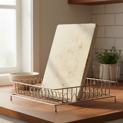 A pizza stone air drying upright on a kitchen counter with sunlight, symbolizing natural drying.