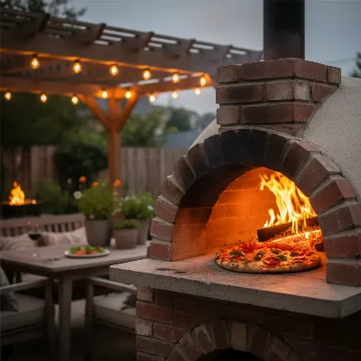 A wood-fired pizza oven with a flame inside, cooking a pizza, in a backyard setting at dusk