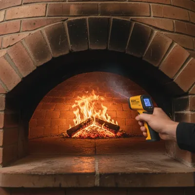 A small, controlled fire burning centrally inside a brick pizza oven during the curing process, with an infrared thermometer pointing at the dome.