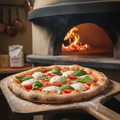 Fresh pizza with balanced toppings on a wooden peel, ready for a wood-fired oven, emphasizing quality ingredients.