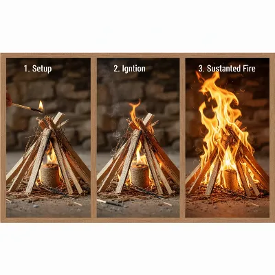 Step-by-step process of lighting a wood-fired pizza oven quickly with kindling and a firelighter.