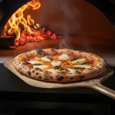A close-up of a perfectly cooked, bubbly Neapolitan-style pizza being expertly slid out of a hot multi-fuel pizza oven with a long wooden peel, showcasing a leopard-spotted crust and melted cheese. 
