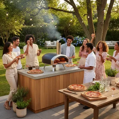 An outdoor pizza oven set up in a vibrant backyard for a pizza party, showcasing its compact design and lively atmosphere.