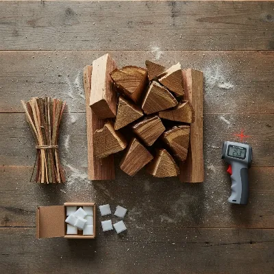 Essential tools and materials for curing a new brick pizza oven, including seasoned hardwood, kindling, firelighters, and an infrared thermometer.