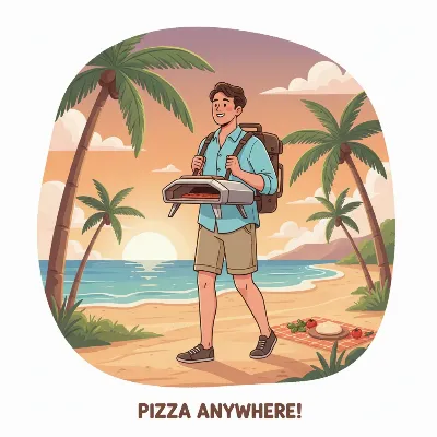 A compact, portable pizza oven being easily transported to a scenic outdoor location for a picnic, emphasizing convenience and versatility.