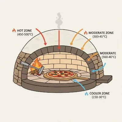 Illustration of heat zones in a wood-fired pizza oven with fire moved to the side, and a pizza cooking on the clear hearth.