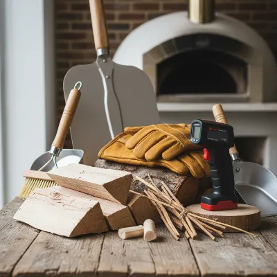 Essential tools for a wood-fired pizza oven including kindling, logs, firelighter, and temperature gun.