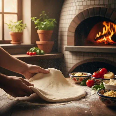 Hands stretching pizza dough on a floured surface for a wood-fired oven, emphasizing thinness and evenness.